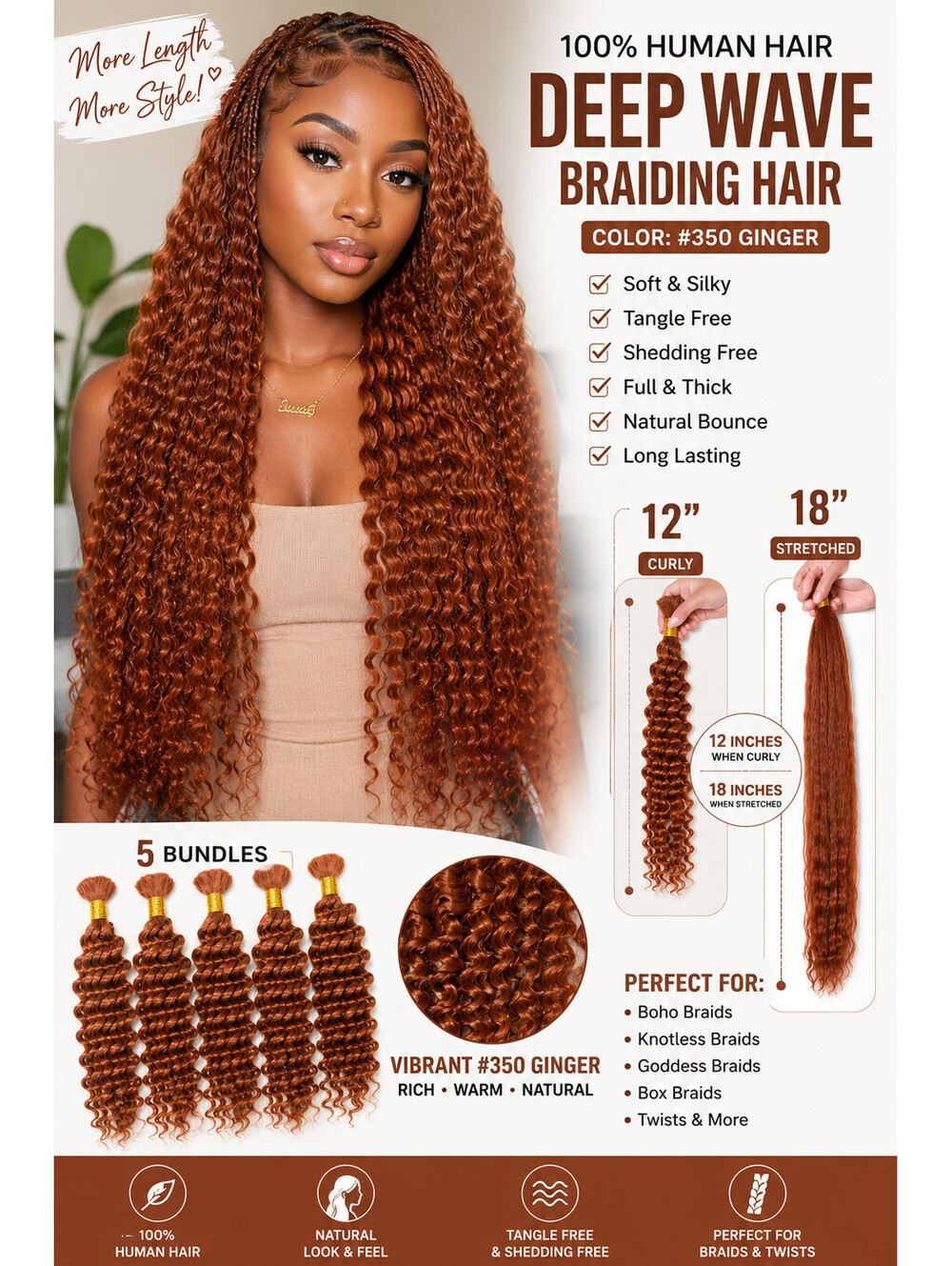 Deep Wave Braiding Hair 100% Human Hair 5 Bundles - Color #350 Ginger, 12 Inches
